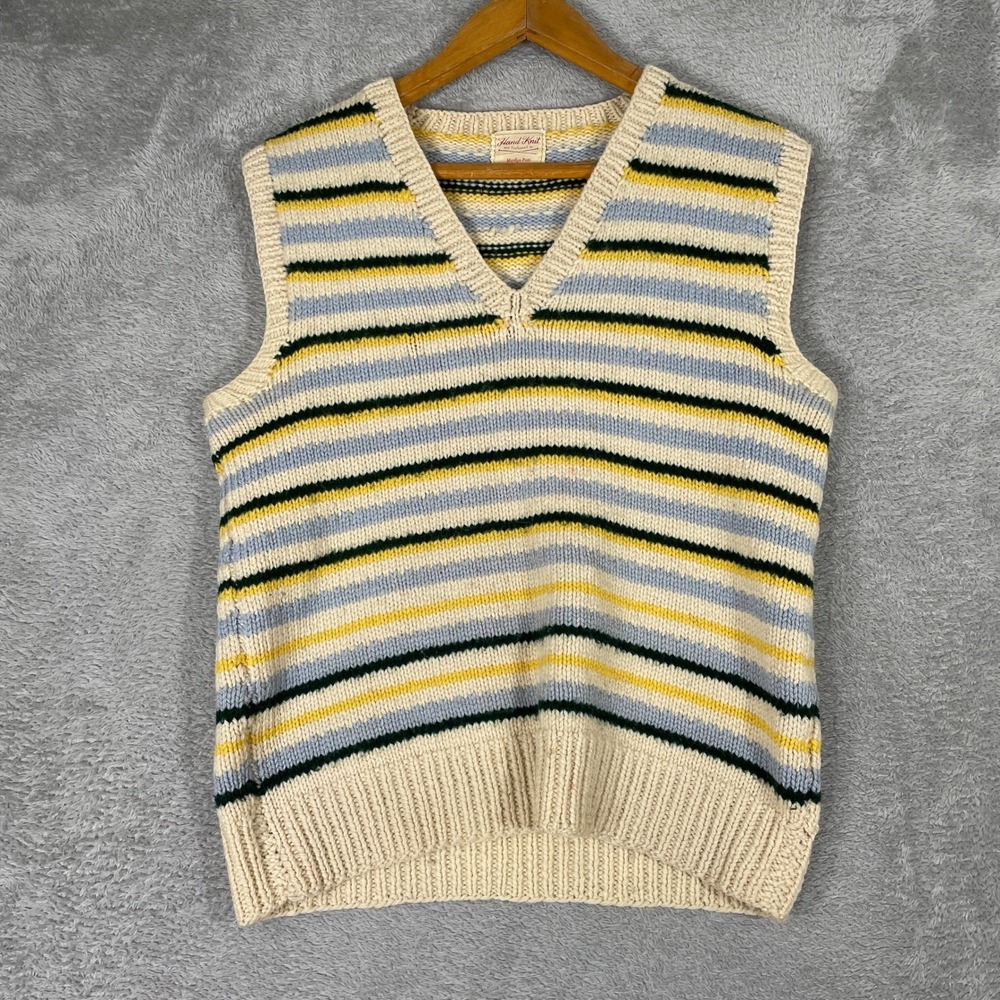 Hand Knit Sweater Vest Womens Large Cottage Striped V Neck Sleeveless Vintage